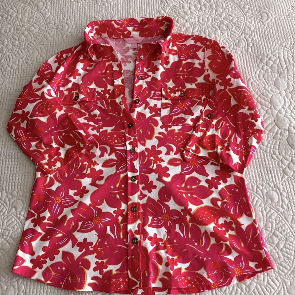 Lily Pulitzer cotton knit button down shirt w/3/4 sleeve